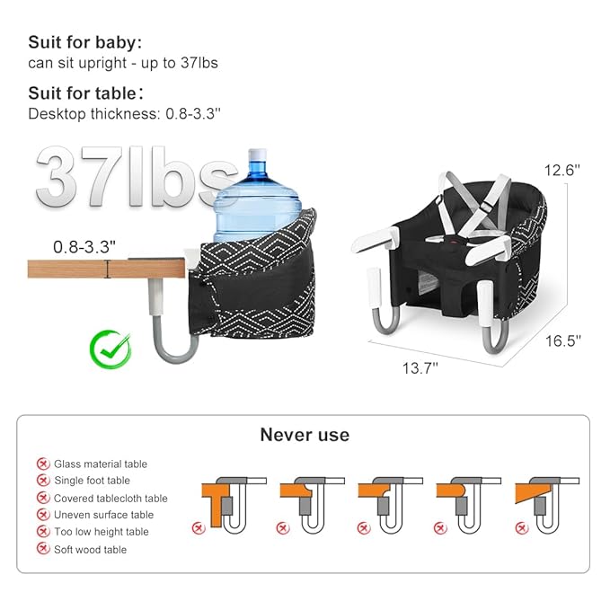 MTWML Hook On High Chair with Tray,Portable Baby High Chair That Attaches to Table,Clip On Fast Table Seat for Babies and Toddlers.Baby Feeding Seat for Dining Tables and Counter(Stripe-Black)