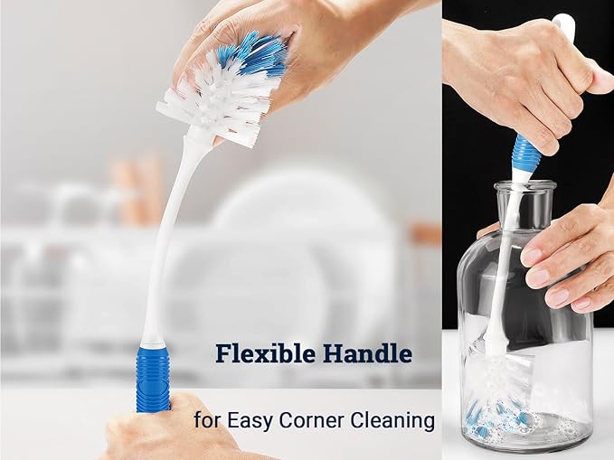 Bottle Brush Cleaner, Long Handle Bottle Brush with Dual Bristles for Water Bottles, Glassware, Mugs, Sports & Baby Bottles Cleaning, Blue 3 Pack