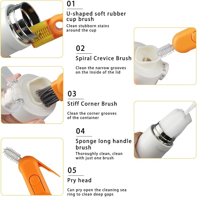 3 PCS 5 in 1 Soft Bottle Brush, Bottle Cleaning Brush Set with Sponge, Cup Lib Clear Brush Bottle Gap Brush Portable Crevice Cleaning Brush Set