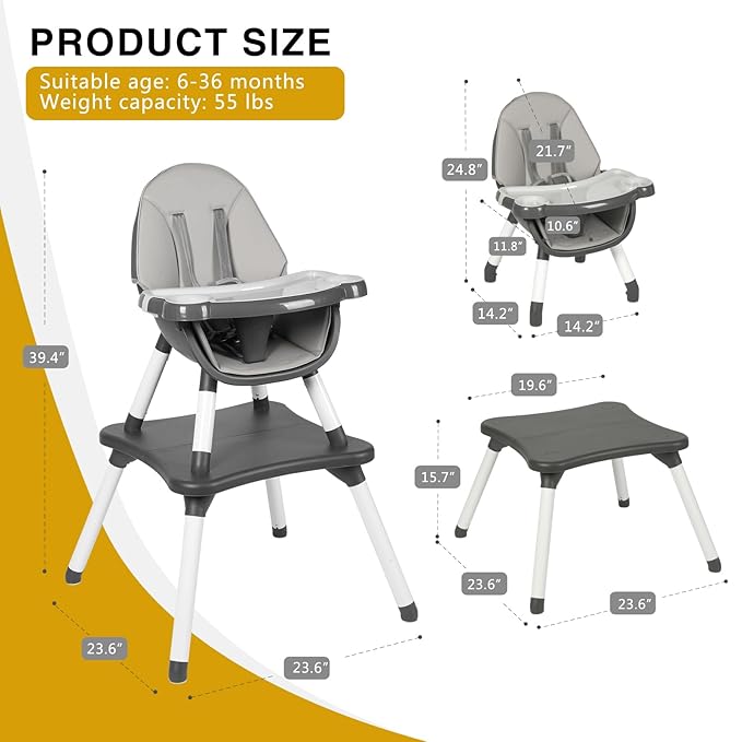 Gofirst 6 in 1 Baby High Chair,Convertible High Chairs for Babies and Toddlers/Booster Seat/Table and Chair Set,Baby Feeding Chair/5-Point Harness,4-Position Removable Tray&PU Cushion Baby Highchair