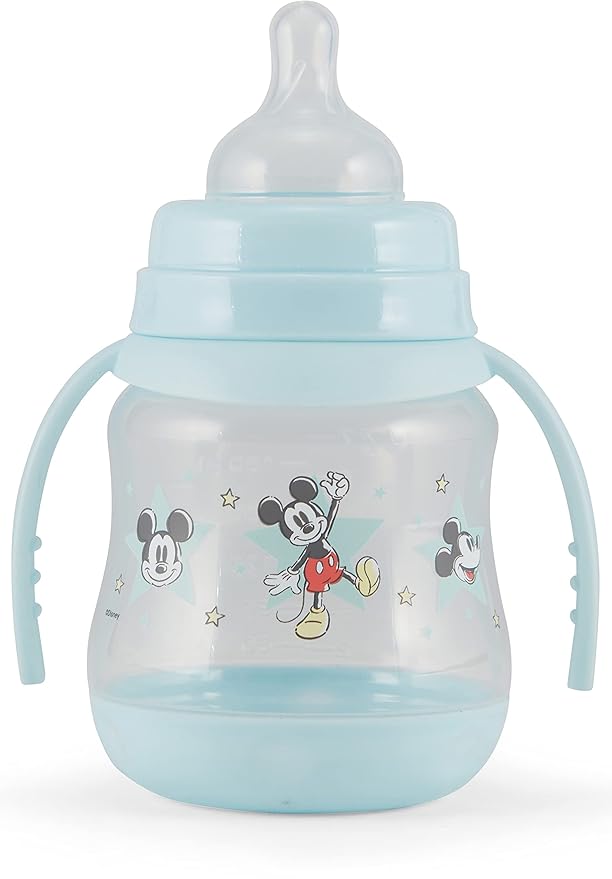 Disney 2 Pack 7 Ounce Baby Bottles with Character Prints and Colored Covers with Double Handle - BPA Free and Easy to Clean