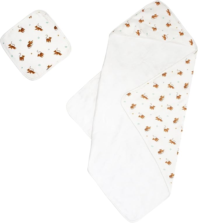 Bamboo Viscose Baby Hooded Towel & Washcloth Set for Babies and Toddlers, Tiger, Soft & Absorbent, 70% Viscose from Bamboo, 30% Cotton Muslin - Imported (Tiger)
