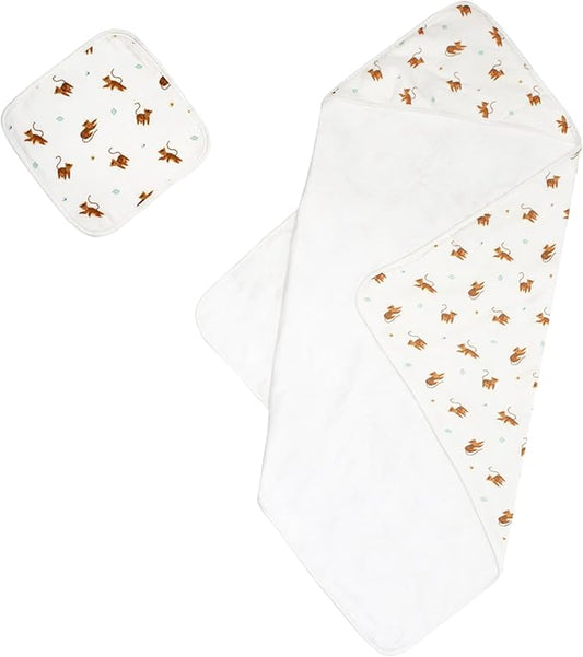 Bamboo Viscose Baby Hooded Towel & Washcloth Set for Babies and Toddlers, Tiger, Soft & Absorbent, 70% Viscose from Bamboo, 30% Cotton Muslin - Imported (Tiger)