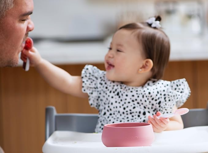 NumNum Baby Bowl & 2 Pack GOOtensils Baby Spoons, Suction Bowls for Baby 4+ Months, Extra Strong Non-Slip Suction, 100% Food-Grade Silicone, BPA-Free, Microwave & Dishwasher Safe (Mauve)