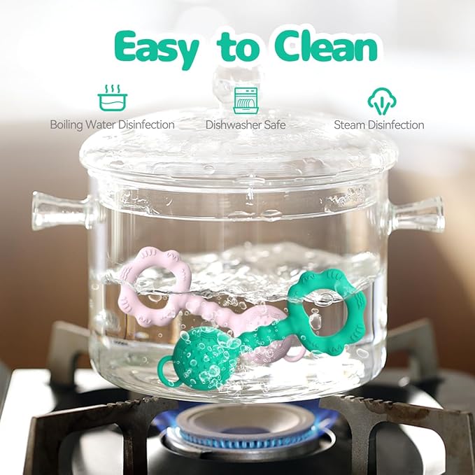 2 Pcs Baby Rattle Teether, 2-in-1 Rattle and Teether Toy for Soothing Sore Gums and Keeps Little Ones Entertained, Food Grade Silicone (Spearmint+Pink)