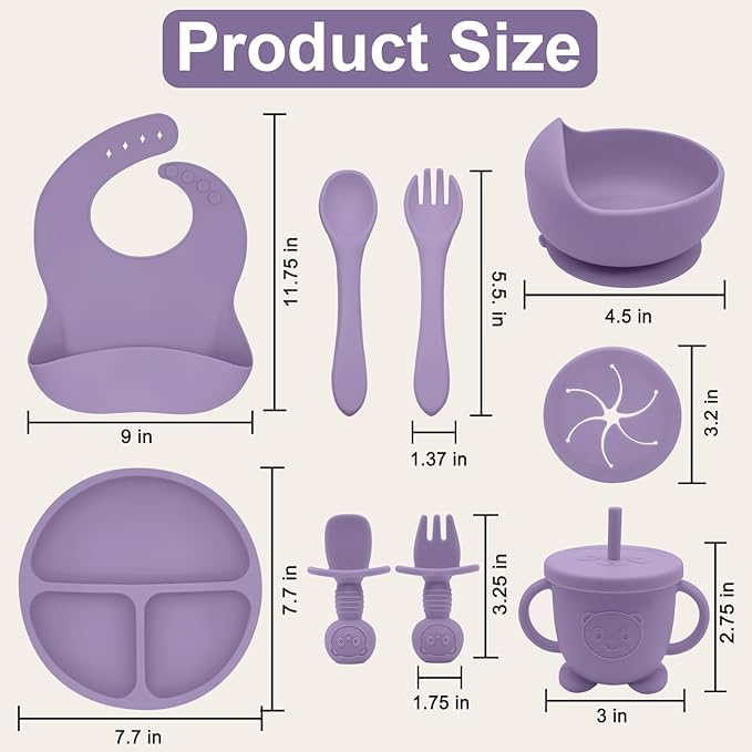 Silicone Baby Feeding Set | Baby Led Weaning Supplies Includes Suction Bowls and Divided Plates, Adjustable Bib, Baby Utensils Spoons and Forks,Cup | Baby Feeding Essentials (Purple)