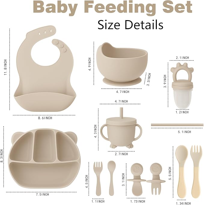 12 Piece BPA-Free Silicone Baby Feeding Set,Non-Slip Suction Plates,Soft Baby Bowls, Wooden Utensils & More ，Make Feeding Time Safe,Dishwasher Safe – Ideal for 6+ Months