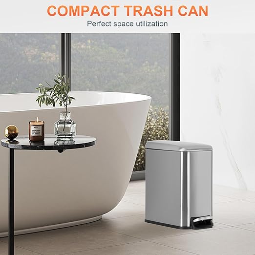 PayLessHere 1.3 Gallon Trash Can Kitchen Trash Can Stainless Steel Garbage Can with Removable Plastic Inner Bucket Lid Foot Pedal for Home Kitchen Bedroom Bathroom (2, Stainless Steel)