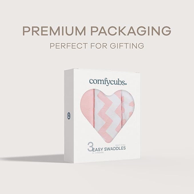 Comfy Cubs Easy Swaddle Blanket, 3 Pack - 100% Cotton Newborn Wrap, Small for 0-3 Months Infants, with Adjustable Velcro, Breathable and Durable Sleep Sack for Babies - Pink