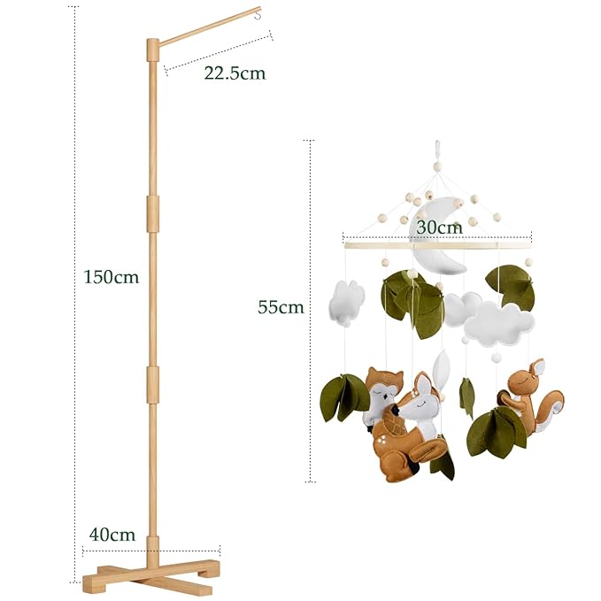 FEISIKE Baby Crib Mobile Arm with Music Box Spin Motor 3In1 Set-Squirrel Baby Mobile for Cirb, 57.4 Inch Mobile Arm for Crib Wooden Nursery Decor Hanger Holder