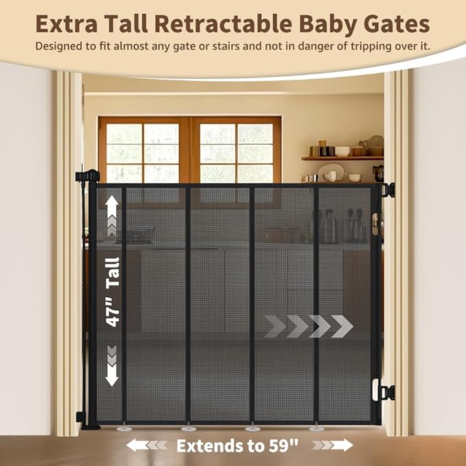 47” Extra Tall Retractable Baby Gate, Reinforced Mesh Dog Gate Extends to 59" Wide, Baby Gate for Stairs, Doorways, Hallways, Indoor and Outdoor, Black