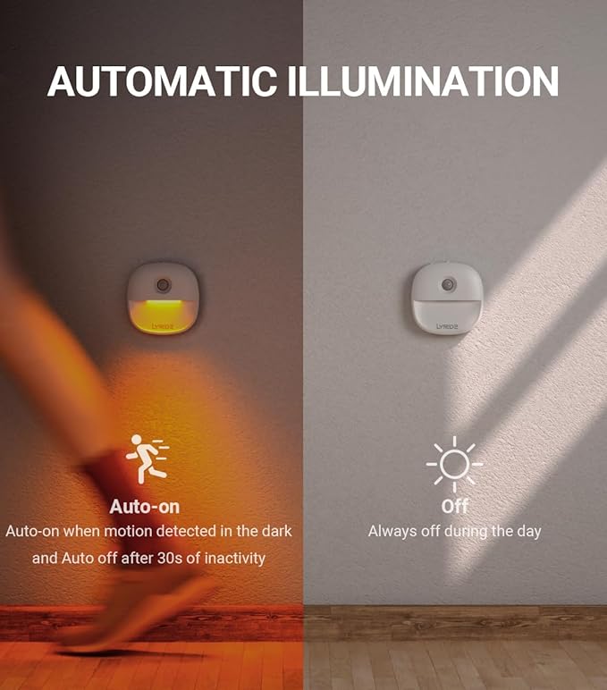 Lyridz Rechargeable Battery Night Light with Motion Sensor, Dimmable Amber Nightlights for Bathroom, Bedroom, Hallway, Stairs, Pet House, 3 Pack