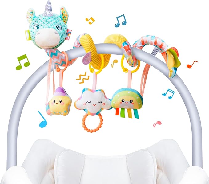 Car Seat Toys for Babies 0-6 Months, Hanging Spiral Stroller Toys, Infant Newborn Brain Development With Music Crinkle Teether Rattle for Baby Boy Girl 0-3-12 Months