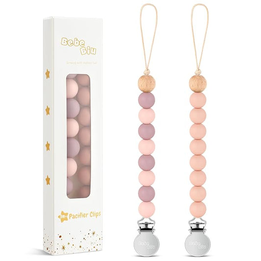2 Pack Pacifier Clips, Silicone Pacifier Clip for Baby Boys and Girls, Baby Pacifier Strap with Silicone Beads, Soother Dummy Holder, Pacifier Holder, Keeps Pacifier Clean (Mauve/Muted)