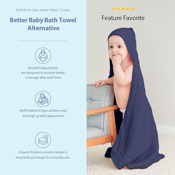 Hooded Baby Towels for Newborn - 2 Pack, 100% Muslin Cotton, Baby Bath Towels with Hood, Soft and Absorbent for Boys, Girls Infant, Toddler and Kids, Large 32x32 Inches, Newborn Essential