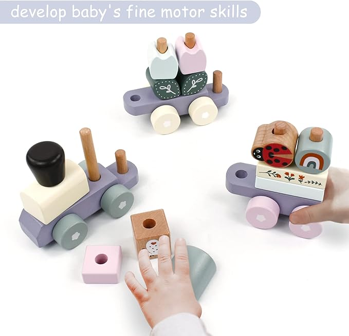 Wooden Stacking Train Toy Set,Wooden Building Blocks Train with Shape Sorter Early Learning Gift for Toddlers Boys Girls 12 Months and up