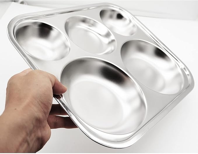 Korean Stainless Steel Divided Plates, Food Grade 304 Tray Large Size for Adults, Teens, Picky Eaters, Campers, BPA Free, Diet Portion Control, Serving Platter, Dinner Snack, Set of 2