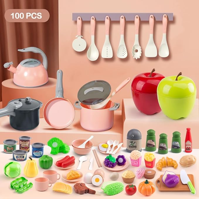 100Pcs Kitchen Playset, Kids Pretend Cooking Play Pots, Pans, Utensils, Cookware, Toy Food Fruits Veggies, with 2 Large Apple - Shaped Storage, Toddler Cooking Learning Gift(Pink)