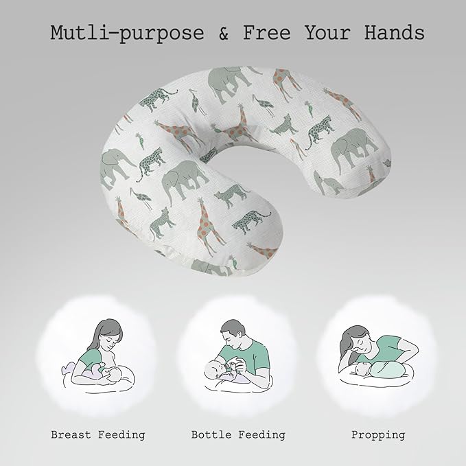 Little Grape Land Nursing Pillow, Soft 100% Cotton Breastfeeding Pillow with Breathable Muslin Removable Cover, Breast Feeding Pillows for Babies 0-12 Months with Protective Zipper, Safari