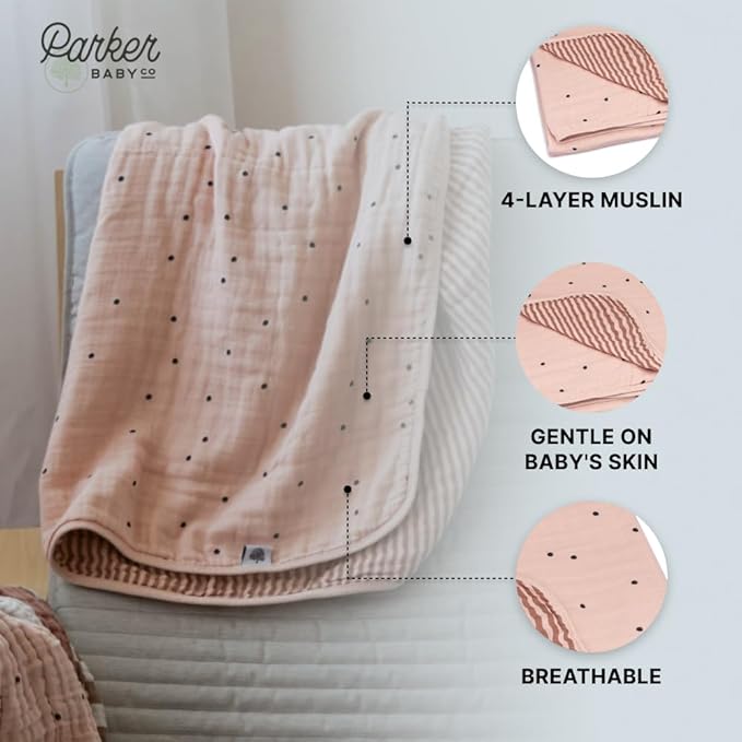 Parker Baby Muslin Blanket | 100% Soft Cotton Toddler Quilt & Baby Muslin Swaddle | Gender Neutral Design 47" x 47" Blanket