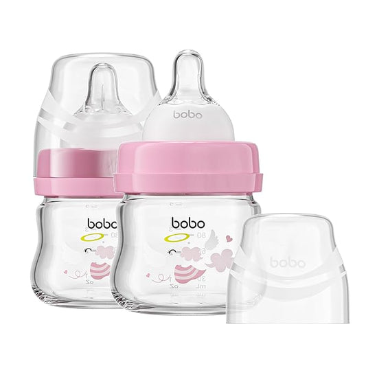 YOHKOH Glass Baby Bottles with Slow Flow Nipple, Newborn Anti-Colic Baby Bottles for 0+ Months, Wide Neck Feeding Bottle, Clear (Red, 2.7oz (Pack of 2))