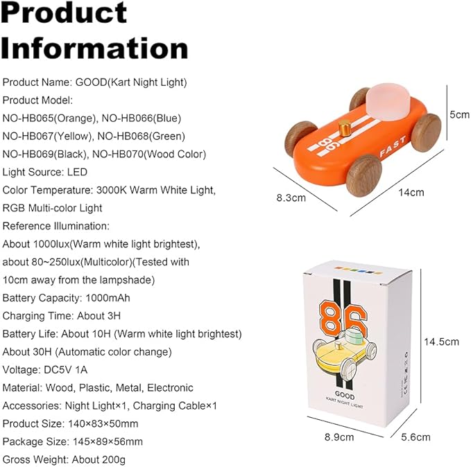 Wooden Go-Kart Night Light for Kids, 7 Color Adjustable, USB Rechargeable (Yellow)