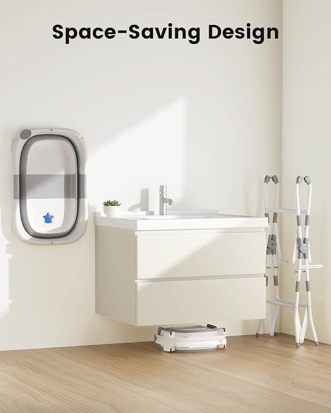 Baby Bathtub with Stand, 2-in-1 Collapsible Bath Tubs for Newborn to Toddler, Infant Bathtub with Folding Stand, Portable Bathtub for Baby Including Soft Cushion, Storage Pad