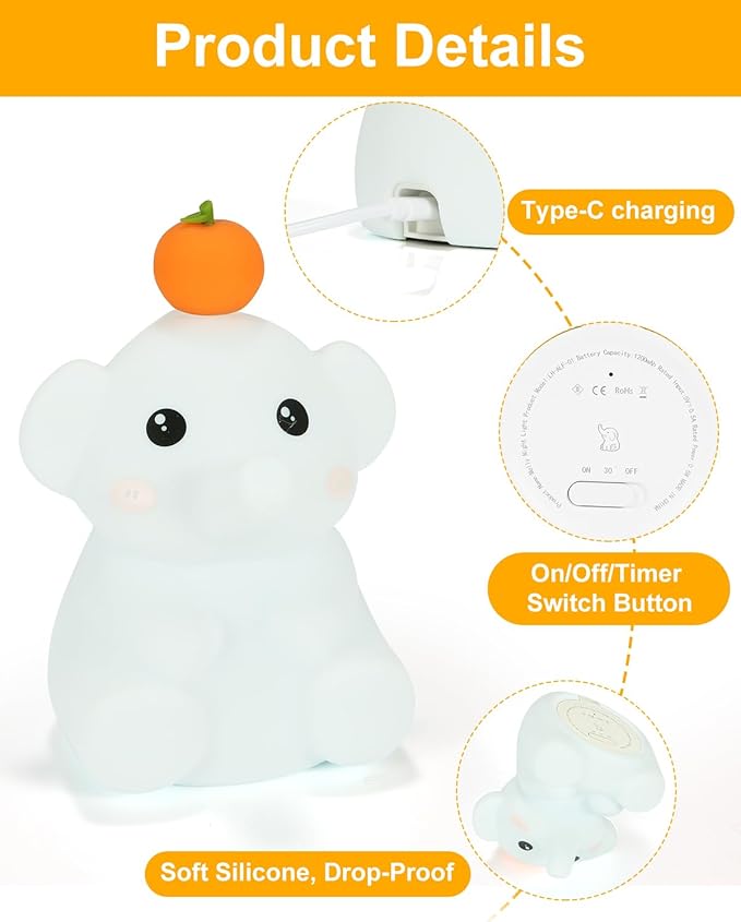 LED Night Light, Cute Squishy Elephant Lamp, Silicone Rechargeable Dimmable Nightlight for Nursery and Bedrooms, Elephant Gift for Women (White-Blue)