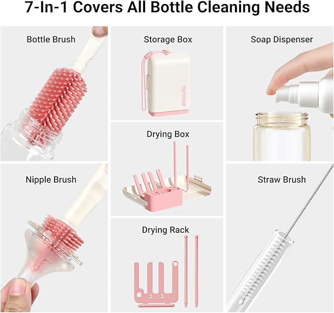 Baby Bottle Brush, 7 in 1 Travel Baby Bottle Cleaner Brush Set with Silicone Brush, Nipple Brush, Straw Brush, Soap Dispenser, Portable Drying Rack, Breast Pump & Bottle Cleaning Kit - Coral Pink