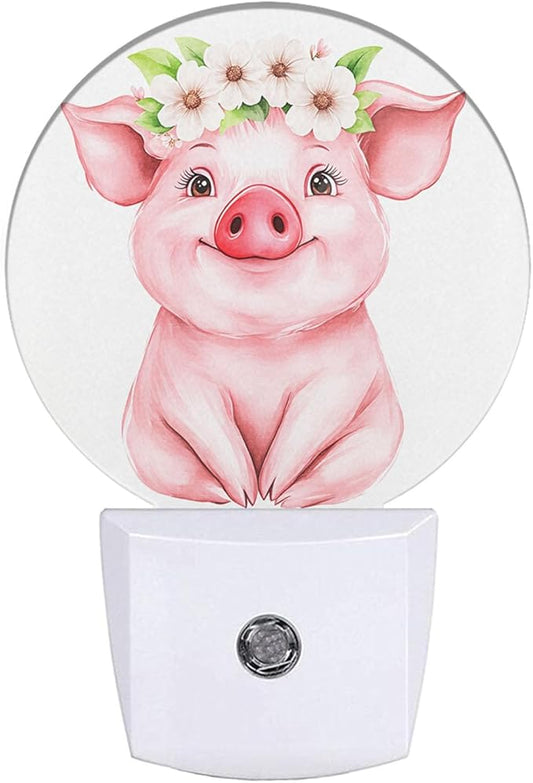 EKOBLA Pig Night Light Floral Wreath Farmhouse Cute Animal Pink Piggy Night Light with Dusk to Dawn Sensor 0.5W LED Lamp Sleep Friendly for Women Girls Birthday Christmas Gift