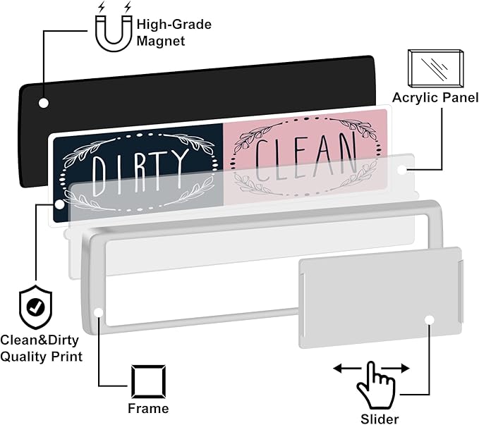 KitchenTour Clean Dirty Magnet for Dishwasher Upgrade Super Strong Magnet - Easy to Read Non-Scratch Magnetic Silver Indicator Sign with Clear, Bold & Colored Text, Pink