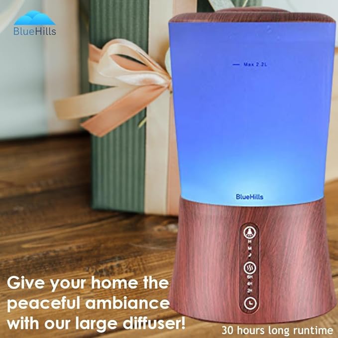 BlueHills Large 2000 ML XL Essential Oil Diffuser Aroma Humidifier 2 Liter Capacity for Big Living Room Home Baby Long Run XL Huge Coverage Area High Mist Timer Large Diffuser Dark Wood Grain 2L S3