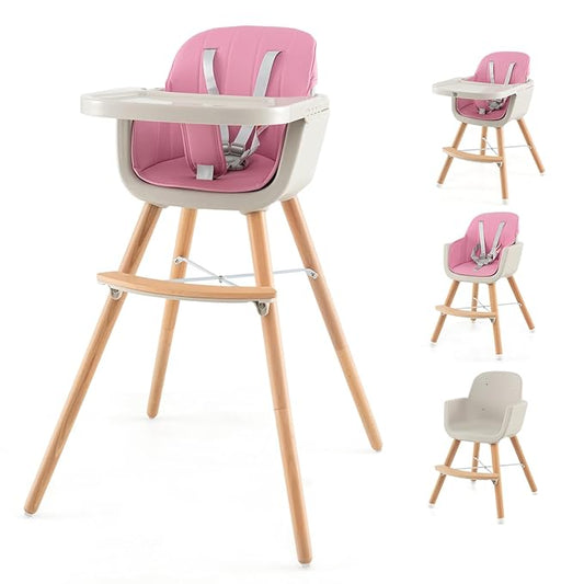 HONEY JOY High Chair, 3-in-1 Eat & Grow Wooden Highchair/Booster Seat/Toddler Chair with Removable Tray, 5-Point Harness, PU Cushion and Footrest for Baby, High Chair for Babies and Toddlers(Pink)