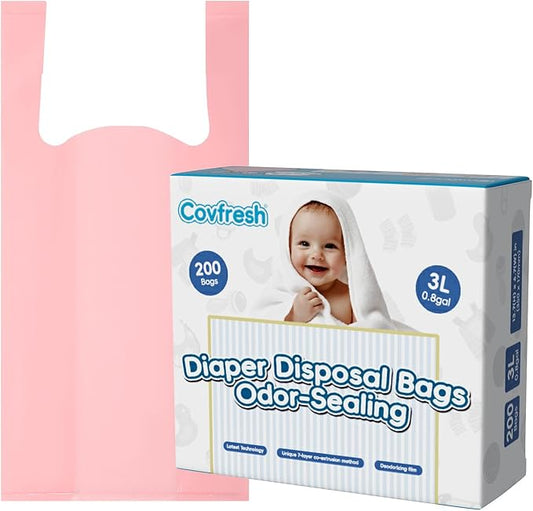 Odor Sealing Disposable Diaper Bags with Tie Handle, 200 count, Large Capacity, Unscented & Durable Diaper Trash Bags for Home & Baby Travel Use (Color:Pink)