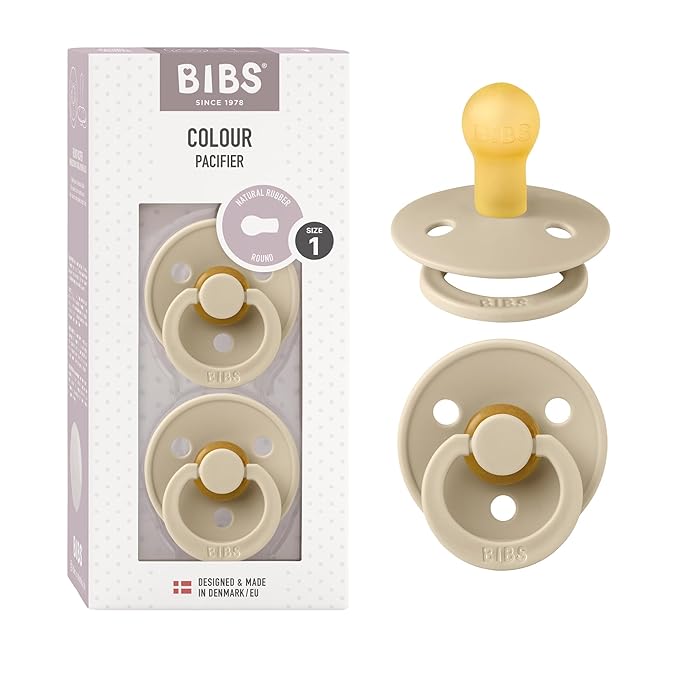 BIBS Pacifiers Colour Collection | Natural Rubber Baby Pacifier | Round Nipple | Set of 2 BPA-Free Soothers | Made in Denmark | 0+ Months (Pack of 2) | Vanilla