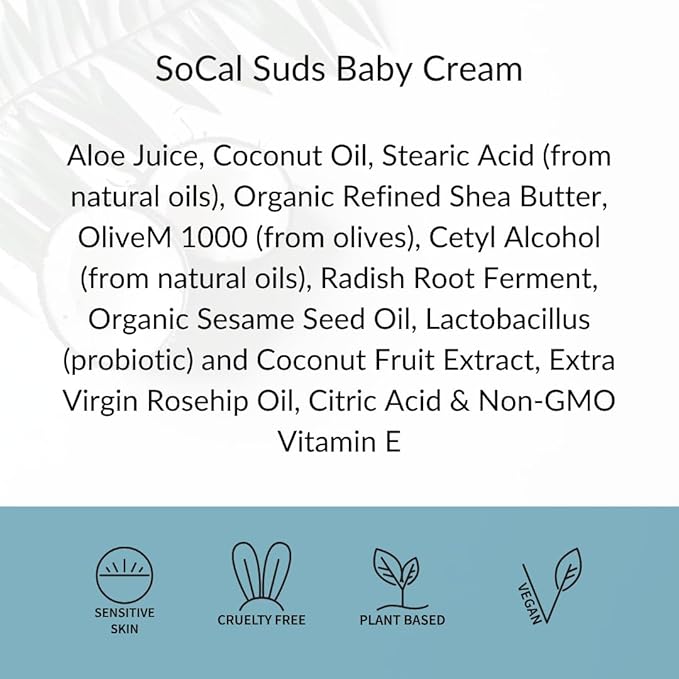 SoCal Suds & Company - Natural & Organic Baby Cream - Gentle Moisturizing Cream for Infant Skin, Nourishing with Aloe, Shea Butter & Coconut Oil, Tender Newborn Skincare - Fragrance Free, 8oz