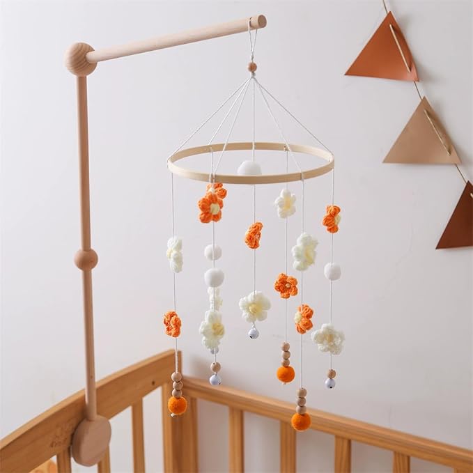 Baby Mobile for Crib - Modern Baby Mobile - Nursery Mobile for Girl or Boy - Hand-Crocheted Colourful Little Flower - Baby Crib Mobile for Boys Girls (A)