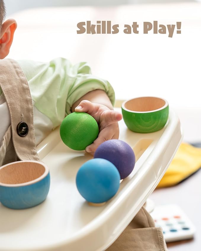 Ball in Cup Toddler Montessori Color Sorting Toy Wooden Ball Toy Learning Color and Matching for Kids with 6 Toddler Safe Balls and Cups