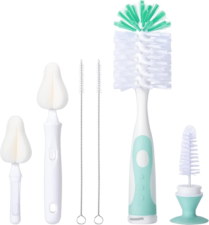Baby Bottle Brush Set with Nipple Cleaner and Suction, 10.2" Cleaning Brush and 6.5" Sponge Bottle Brush with A Replacement Brush Head and Two 6.7" Straw Brushes, Pack of 5 (Green)