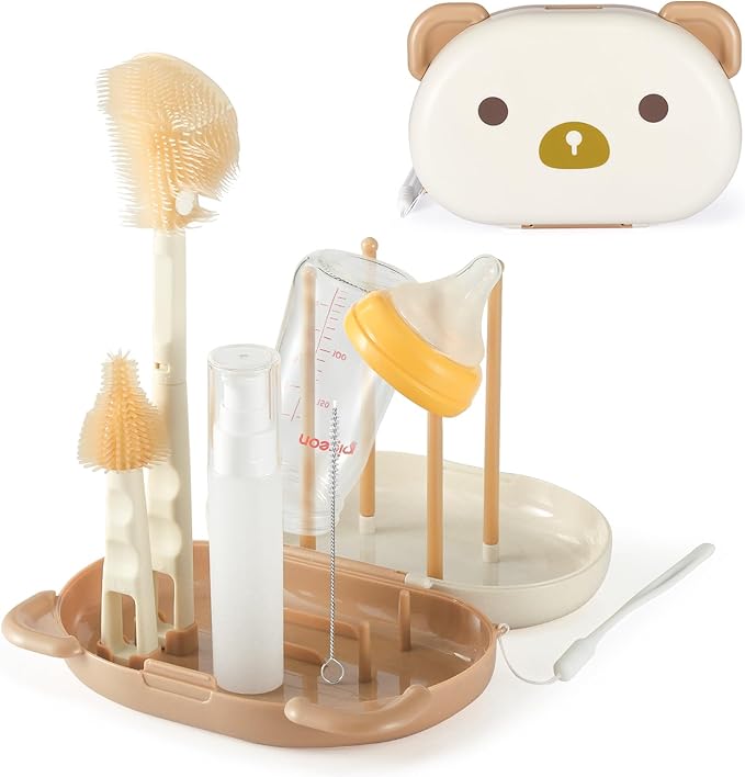 VOOWO Baby Bottle Brush & Drying Rack, Travel Bottle Cleaner Kit, Silicone Nipple & Straw Cleaner (White)