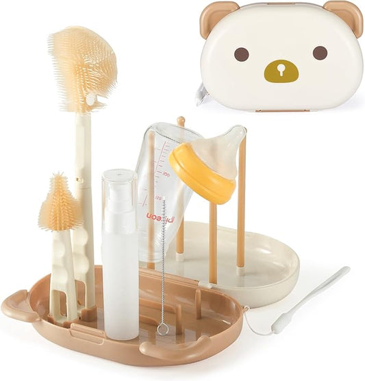 VOOWO Baby Bottle Brush & Drying Rack, Travel Bottle Cleaner Kit, Silicone Nipple & Straw Cleaner (White)