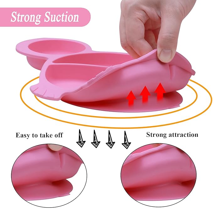 Silicone Suction Plate spoon fork sets for Toddlers,Divided Plate Dish Placemat Bowl for Baby Kids Infant Self Feeding Training，Fits Most Highchairs, BPA Free Microwave Dishwasher Safe-Pink