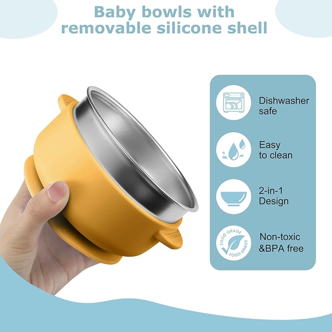 2 Pack Stainless Steel Baby Bowls with Removable Non-Slip Silicone Suction Shell, Anti Scald Food Container for Baby Food Feeding-Blue & Yellow
