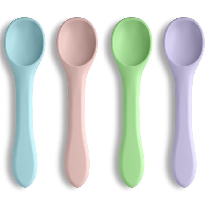 Vicloon Silicone Baby Feeding Spoons, 4 PCS First Stage Feeding Spoons for Infants, Baby Led Weaning Feeding Supplies Training Spoon, Toddler Utensils, Ultra-Durable & Chewproof, Dishwasher Safe