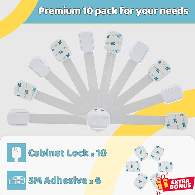 4our Kiddies 10 Pack Baby Proof Cabinet Latches, Childproof Drawer Latches with 6 Extra 3M Adhesives, Adjustable Child Safety Cabinet Strap Locks, Baby Drawer Locks for Kids and Child Safety
