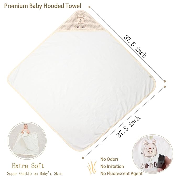 6-Pack Baby Hooded Towel and Washcloths Set, Premium Ultra Soft Reusable 100% Organic Cotton Baby Bath Towel, Baby Blanket for Newborns, Infants, Toddlers, Stripes Bear, 37.5 x 37.5 Inch