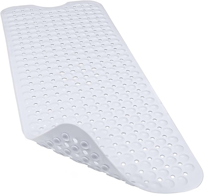 Linoows Bathtub and Shower Mats, 40x16 Inch Extra Large Non Slip Soft Bath Tub Mat with Suction Cups and Drain Holes for Bathroom Floor and Keep Tubs Clean, Machine Washable, White