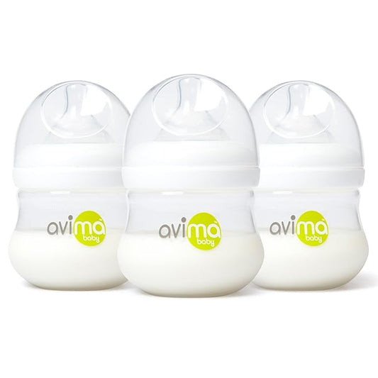 Avima Baby 4 oz Anti Colic Baby Bottles for Breastfed Babies - Slow Flow Nipples, Wide Neck Bottle, BPA Free - Newborn 0-3 Months, Stage 1 (Set of 3)