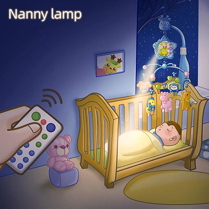 Baby Crib Mobile with Lights and Musicial, Remote, Projector, Newborn Gift for Ages 0+ Months (Blue-Bee)