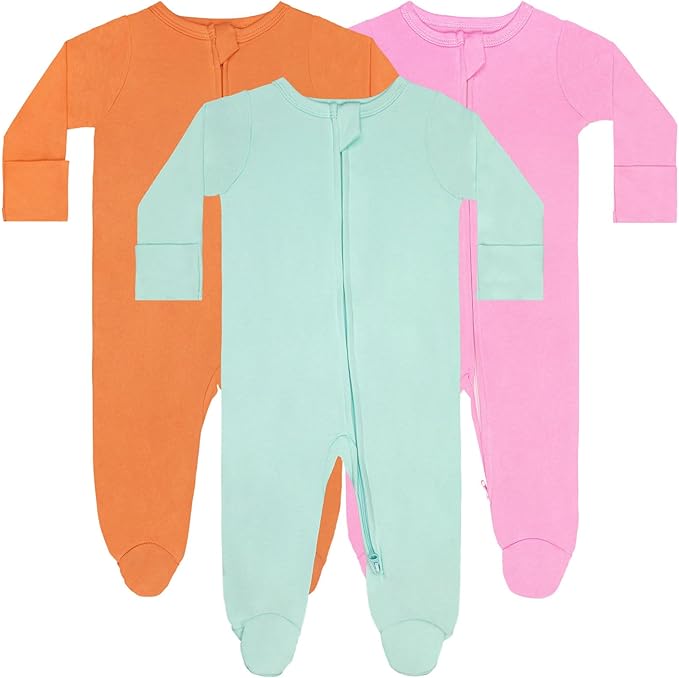 GUISBY Long Sleeve Baby Footed Pajamas with Mittens Cotton Sleepers with Zipper 3-Pack